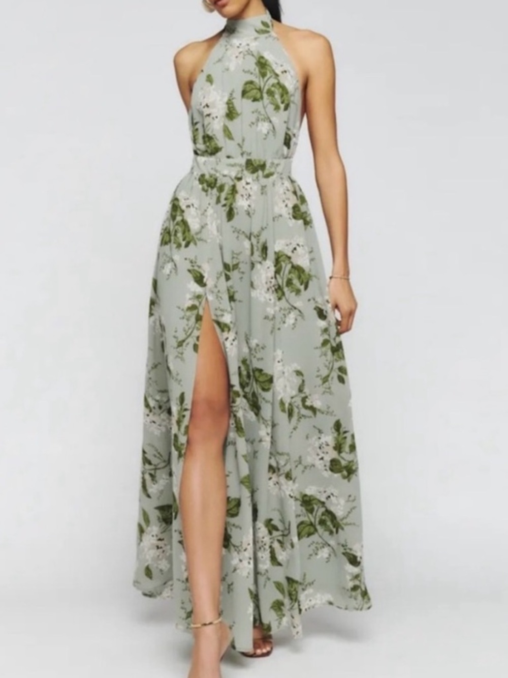 Reformation Andee Sage Green Floral Halter Maxi Dress